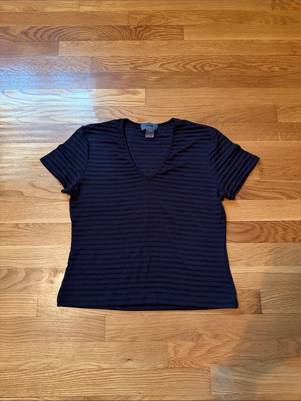 Ribbed V-Neck Short Sleeve Top - Black